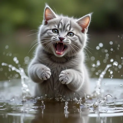 hd photo of A british shorthair playfully splashing water with its paws, showing a mischievous expression.