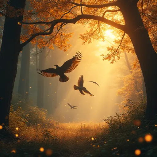 Birds flying in a glowing, dreamlike forest filled with twinkling fireflies and glowing autumn leaves, while soft rays of light filter through the trees, creating an enchanting and magical scene.