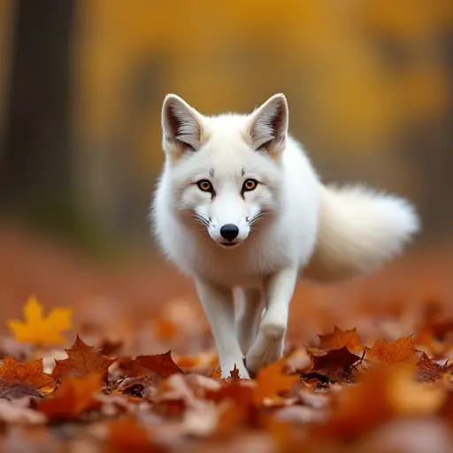 A white fox gracefully walking through a forest filled with vibrant autumn leaves, the cool wind causing the leaves to swirl around its paws as it moves with elegance.