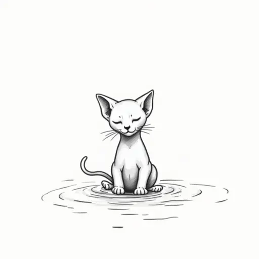 clean pencial outline sketch of A sphynx cat playfully splashing water with its paws, showing a mischievous expression.