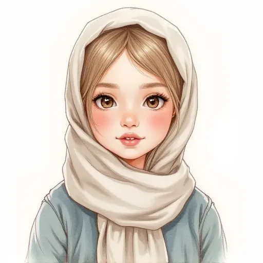 A girl with a headscarf, drawn in soft pencil strokes with delicate watercolor highlights.