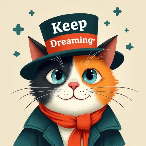 cat, hat, slogan Keep Dreaming, whimsical style