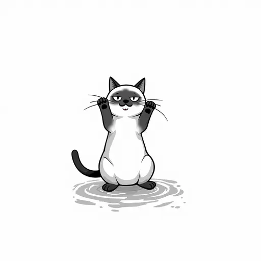 clean black and white hand-drawn outlines of A siamese cat playfully splashing water with its paws, showing a mischievous expression.