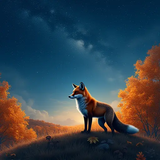 A fox standing on a hill under a starry night sky, with the stars twinkling brightly above, while the landscape around it is filled with glowing autumn leaves.