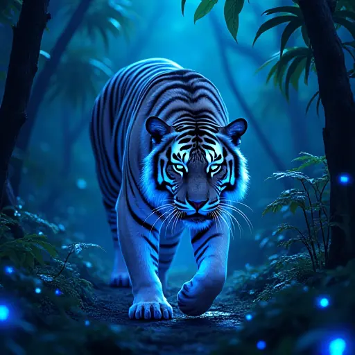 A tiger with bright blue crystal-like stripes, prowling through a moonlit jungle glowing with bioluminescent plants.