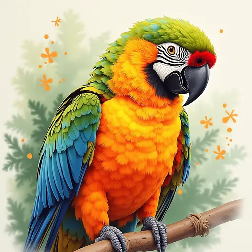 pointillism painting of a orange-cheeked parrot