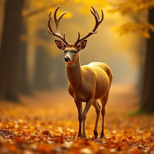 A golden autumn deer with shimmering fur, walking through a forest with a carpet of yellow and orange leaves underfoot, surrounded by glowing fall colors.