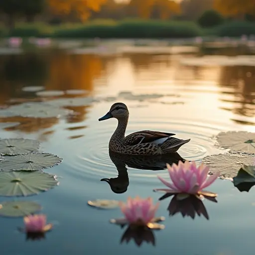 A duck floating on a calm pond, surrounded by blooming lotus flowers, with the reflection of the autumn sky above creating a serene and tranquil scene.