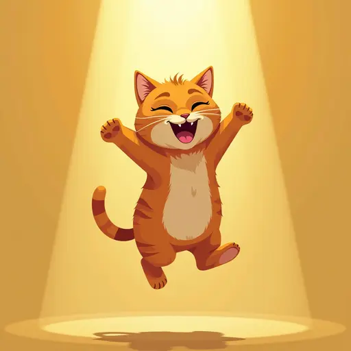 A cat jumping in the sunlight, its wet fur looking particularly joyful, Flat Design Style.