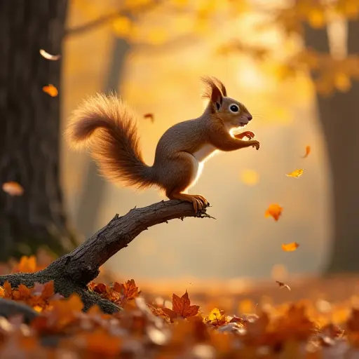 A squirrel jumping from branch to branch in an autumn forest, with leaves raining down all around it, creating a blanket of golden hues across the forest floor.