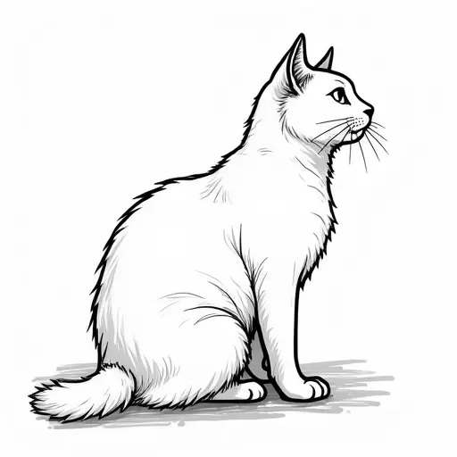 black and white simple line drawing of a persian cat from the side view