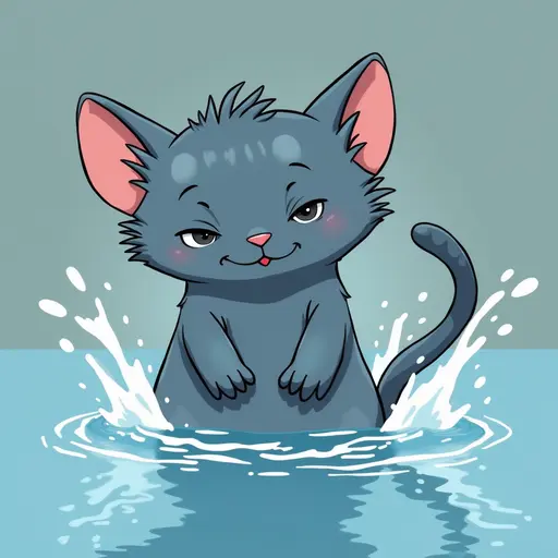 studio ghibli style of A russian blue playfully splashing water with its paws, showing a mischievous expression.