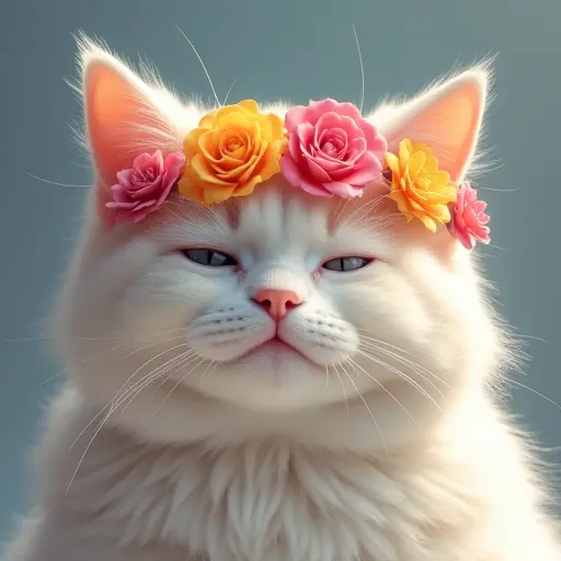 Cat wearing a colorful flower crown, soft pastel fur, with a relaxed and peaceful expression.