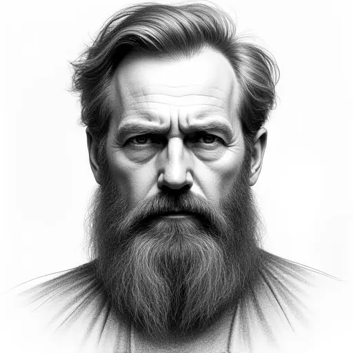 A man with a full beard, wearing a serious expression, drawn with fine pencil strokes and deep shading.