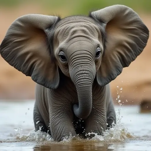 Baby elephant with big ears, soft skin, and a playful trunk, splashing in water.