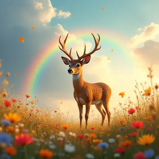 A young deer standing in a vibrant flower field, with a rainbow arching across the sky above it, and colorful wildflowers surrounding it as the autumn leaves fall.