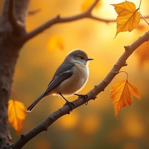 A small bird perched on a tree branch, with golden autumn leaves gently falling around it, basking in the soft, warm glow of the autumn sun.