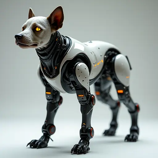 A futuristic dog with robotic limbs, glowing eyes, and a cybernetic body, representing a blend of biology and technology.