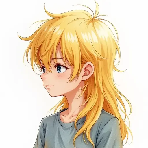 A boy with long blonde hair, sketched with flowing pencil lines and subtle watercolor shading.