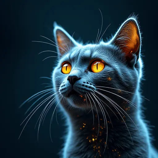 A cat with eyes made of flowing data that constantly shift and change, representing the continuous flow of information.