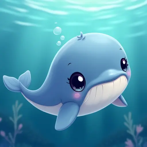 Cute baby whale with big eyes, smooth skin, and a playful tail, swimming in the ocean.