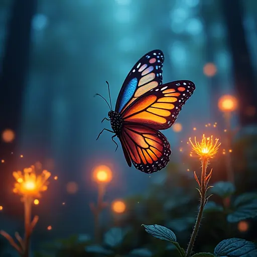 A butterfly with multicolored translucent wings, fluttering through a forest lit by magical glowing plants.