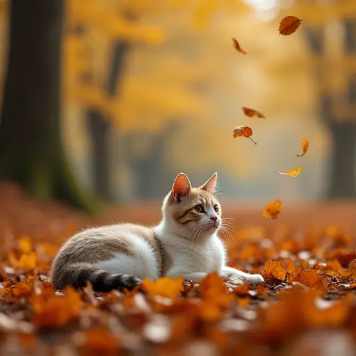 A cat laying on a bed of soft autumn leaves in a forest clearing, watching the wind blow the remaining leaves off the branches and onto the ground.