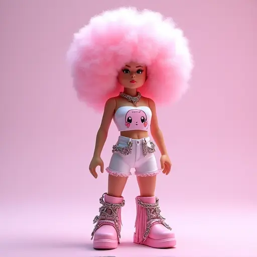 Elevate your Roblox game with this stunning rock star girl avatar. She features a striking pink fluffy afro, exuding an aura of beauty and confidence. The avatar’s stylish outfit includes white shorts, metallic decorated pink tassel boots, and a metallic necklace, perfect for players who want to show off their bold, fashionable, and refined taste. Her mesmerizing look is completed with a kawaii-patterned white strapless top, making her the perfect blend of sophistication and edge. This free downloadable 3D avatar is for those who want to stand out and showcase their unique beauty. Download this gorgeous avatar now and make a statement in the world of Roblox!