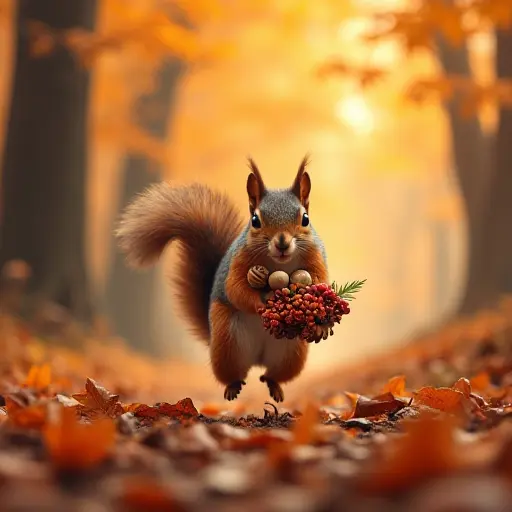 A squirrel carrying a bundle of acorns and berries, hopping across a forest floor covered with autumn leaves, while the trees above are ablaze with orange and yellow foliage.