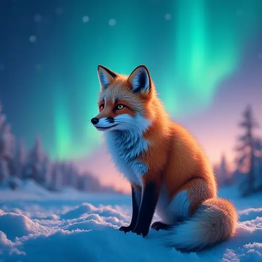 A fox with fur that reflects the colors of the northern lights, standing on a snow-covered hill under a brilliant aurora sky.