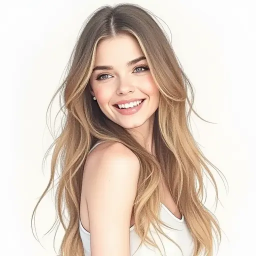 A woman with long hair falling over her shoulders, drawn in soft pencil strokes with light watercolor tones.