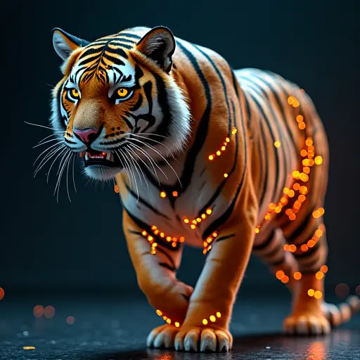 A tiger avatar with cybernetic enhancements, its stripes made of glowing circuits and digital elements.