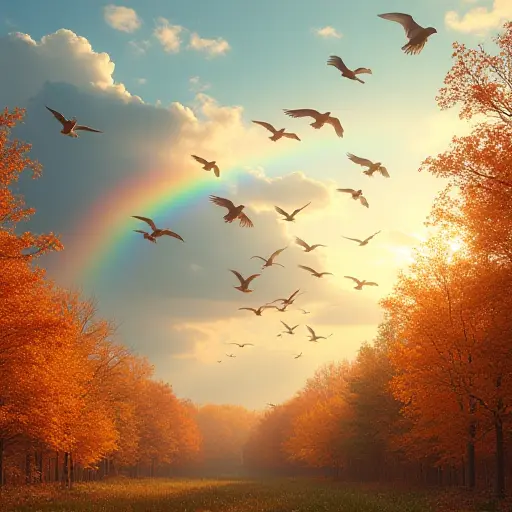 A flock of birds flying across the sky, the golden and orange autumn leaves swirling around them as a rainbow forms in the background, creating a vibrant fall scene.