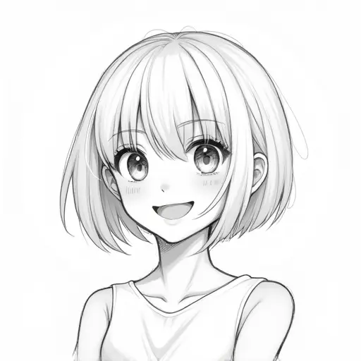 A girl with a bright smile and short hair, sketched with clean pencil lines and soft shading.