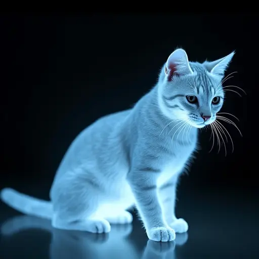 A 3D holographic projection of a cat, with a shifting and semi-transparent appearance that seems to float in space.