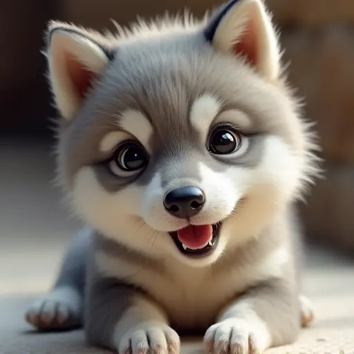 Cute wolf pup with soft fur, big eyes, and a playful expression.