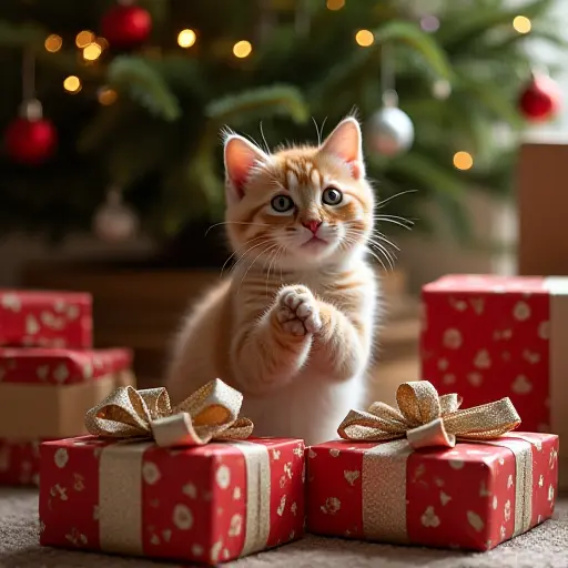 A playful cat sitting on top of a pile of wrapped gifts under the Christmas tree, with its paws batting at shiny ribbons and ornaments, creating a cozy and festive holiday vibe.