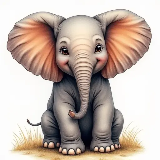 colored pencil drawing style of a baby elephant from the front view