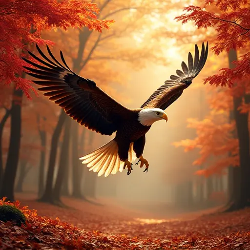 A majestic eagle soaring high above a forest of red and gold autumn leaves, its wings slicing through the crisp autumn air, the forest floor below scattered with fallen leaves that sparkle in the sunlight.