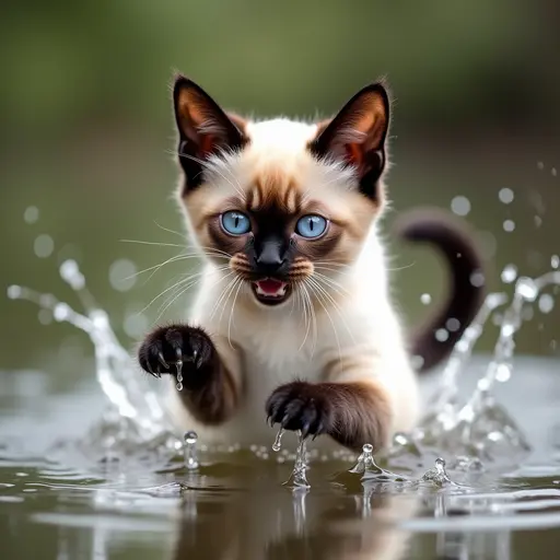 hd photo of A siamese cat playfully splashing water with its paws, showing a mischievous expression.