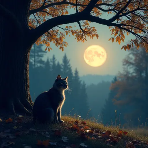 A cat sitting under a tree at dusk, with a full moon rising behind it, casting a silvery glow on the forest filled with autumn leaves, the air cool and crisp as the leaves shimmer in the moonlight.