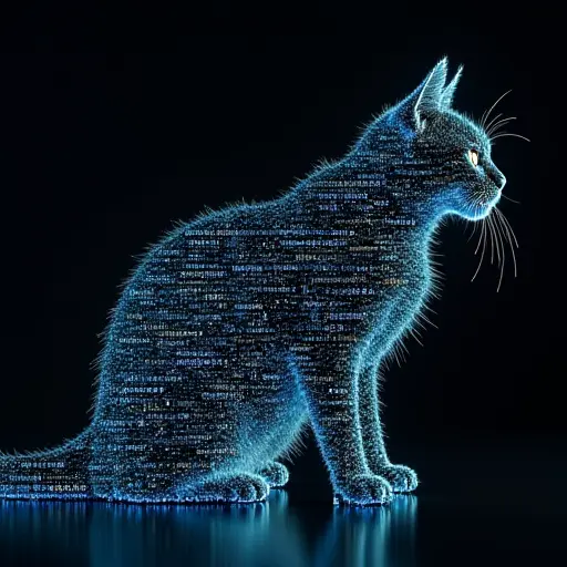 A dynamic avatar of a cat made of moving numbers and symbols, almost like a live data stream, changing and evolving.