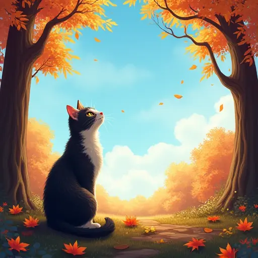 A cat sitting at the edge of a forest, gazing up at a clear blue autumn sky, with colorful leaves scattered on the ground and the trees creating a natural frame around the peaceful scene.