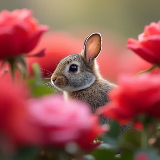 A small rabbit hiding in a patch of vibrant red and pink roses, its fur blending with the flowers while the soft breeze makes the petals sway gently around it.