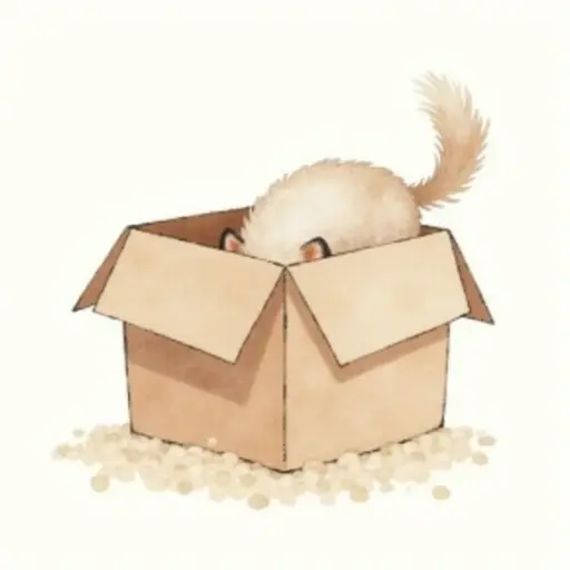 Watercolor style of The dog dives headfirst into the box, its tail swishing gently as it explores the surroundings.