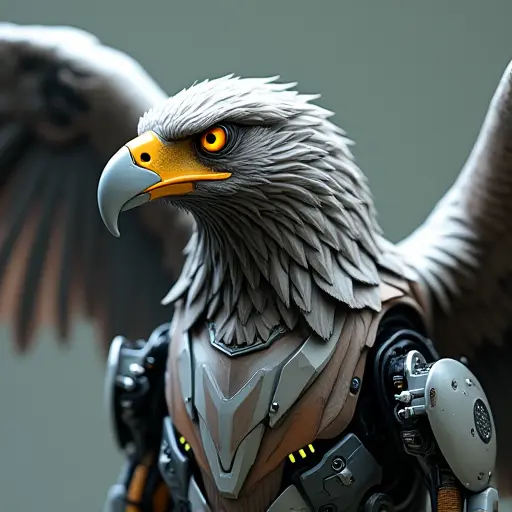 A mechanical eagle with metallic feathers, robotic wings, and sharp eyes, designed to represent precision and advanced tech.