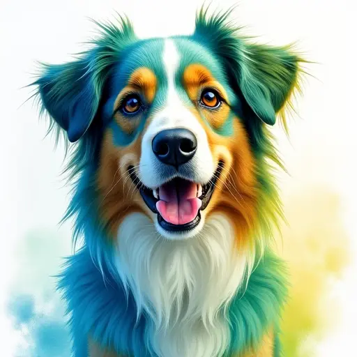 A dog with fur resembling watercolor brushstrokes in vibrant shades of blue, green, and yellow, blending into a dreamy artistic background.