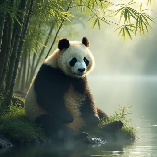 A panda surrounded by thick morning mist, sitting beside a stream with dew-covered bamboo leaves and soft sunlight breaking through the fog.