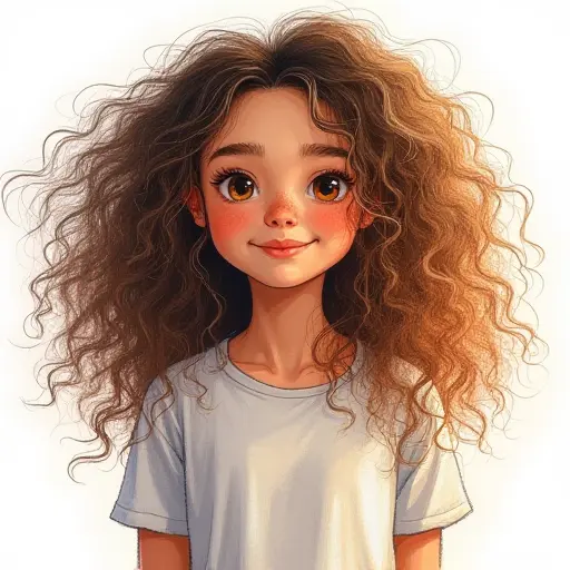 A girl with dynamic, voluminous curly hair, drawn with detailed pencil strokes and soft watercolor highlights.