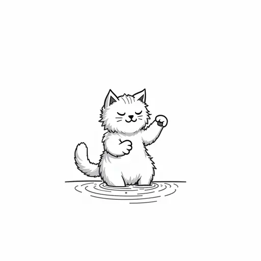 black and white simple line drawing of A maine coon playfully splashing water with its paws, showing a mischievous expression.